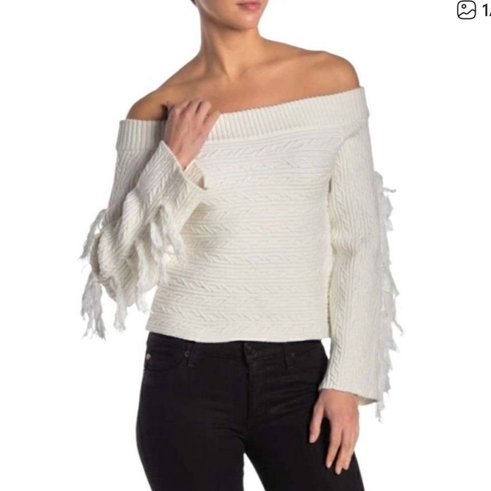 RACHEL Rachel Roy Off-the-Shoulder White Cable Knit Sweater Western Fringe XS